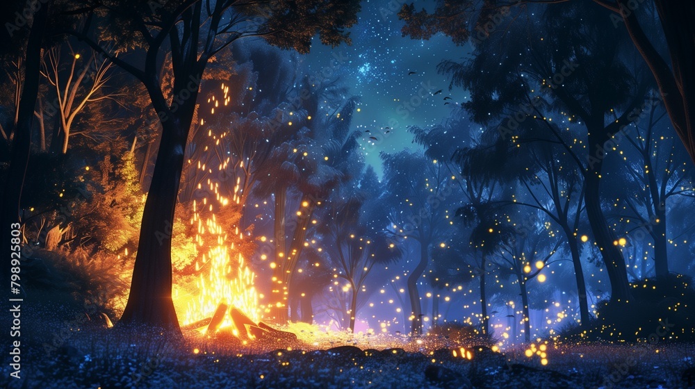 Deep within the heart of a secluded forest, an anime-style bonfire flickers with enchanting brilliance. Deep within the heart of a secluded forest, an anime-style bonfire flickers with enchanting brilliance.