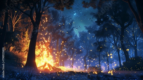 Deep within the heart of a secluded forest, an anime-style bonfire flickers with enchanting brilliance.