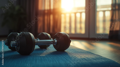 Metal dumbbell and mat at Home. Exercising at home for a healthy life. Space for text. photo