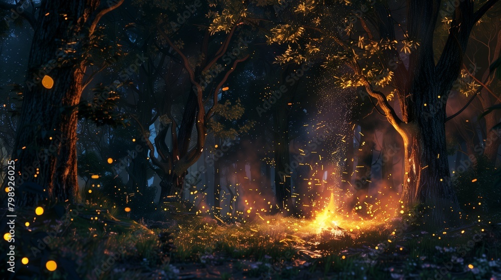 Deep within the heart of a secluded forest, an anime-style bonfire flickers with enchanting brilliance. Deep within the heart of a secluded forest, an anime-style bonfire flickers with enchanting brilliance.
