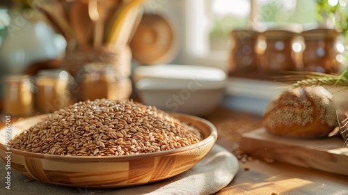 Abundance of grains and baked goods bathed in a warm hue tells a tale of harvest, nourishment, and the bonds of shared meals.