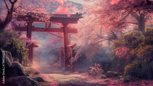 An enchanting pathway through torii gates surrounded by fully bloomed sakura trees, evoking a sense of wonder and tradition photo