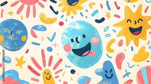 Icons and symbols representing happiness and positivity, such as sunbursts, smiley faces, and confetti.