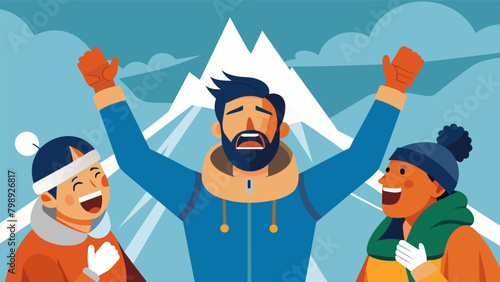A mountaineer with tears in their eyes thanking their teammates for their unwavering support and encouragement in reaching the summit together.. Vector illustration