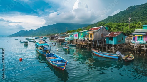 A traditional wooden fishing village nestled along a picturesque coastline, with colorful boats lining the shore.