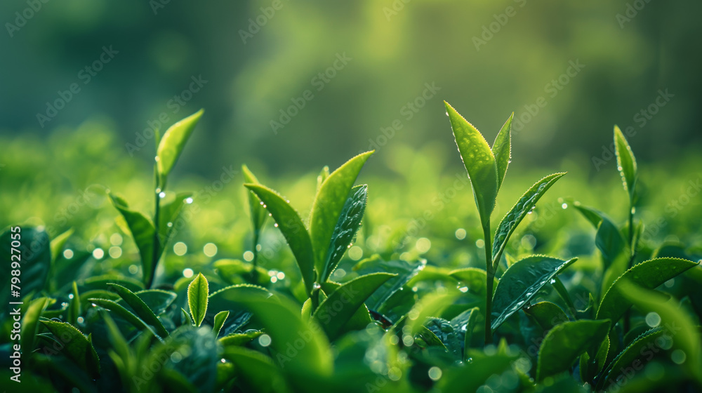 Close-up of vibrant green tea leaves in the early morning light, glistening with droplets of dew, indicating freshness and purity Close-up of vibrant green tea leaves in the early morning light, glistening with droplets of dew, indicating freshness and purity
