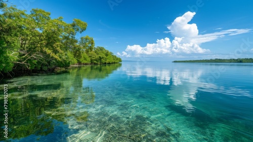 A tranquil lagoon fringed by mangrove forests  with clear blue waters reflecting the lush greenery and blue skies above.