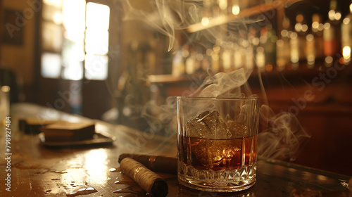 The air is heavy with the scent of aged whiskey and fine cigars.