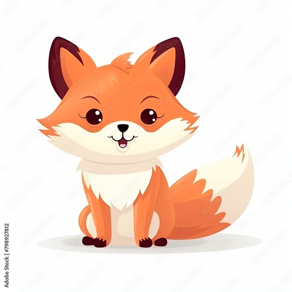 flat illustration of cute pleasant fox, friendly character, white background 