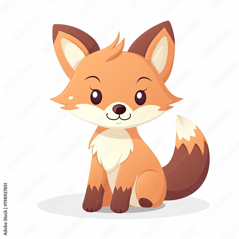 flat illustration of cute pleasant fox, friendly character, white background 