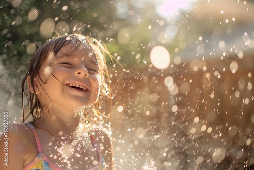 Delightful Childhood Laughter as Child Plays in Sparkling Backyard Sprinkler