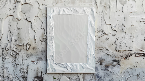 Realistic white poster mockup with wrinkled paper glued on textured wall for dynamic design