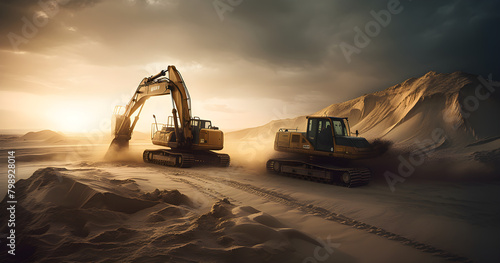 A powerful and majestic sight of an excavator skillfully loading sand into an industrial truck on an extremely hot day. Emphasize the elegant lines and imposing presence of the machinery.