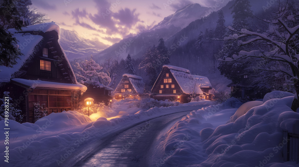A magical winter evening scene with snow-covered traditional houses and a mountain backdrop