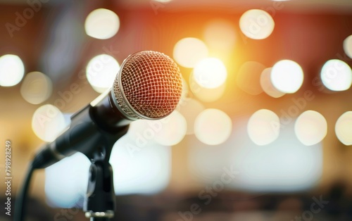 Close-up of Microphone on Stage with Bokeh Lights