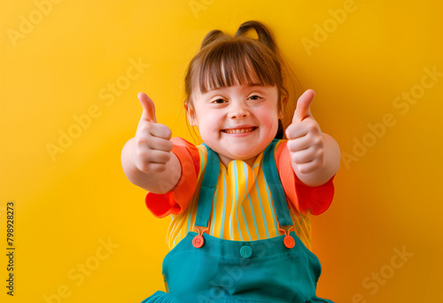 happy smiling cute girl with down syndrome, special needs,  giving thumbs up gesture on colorful background