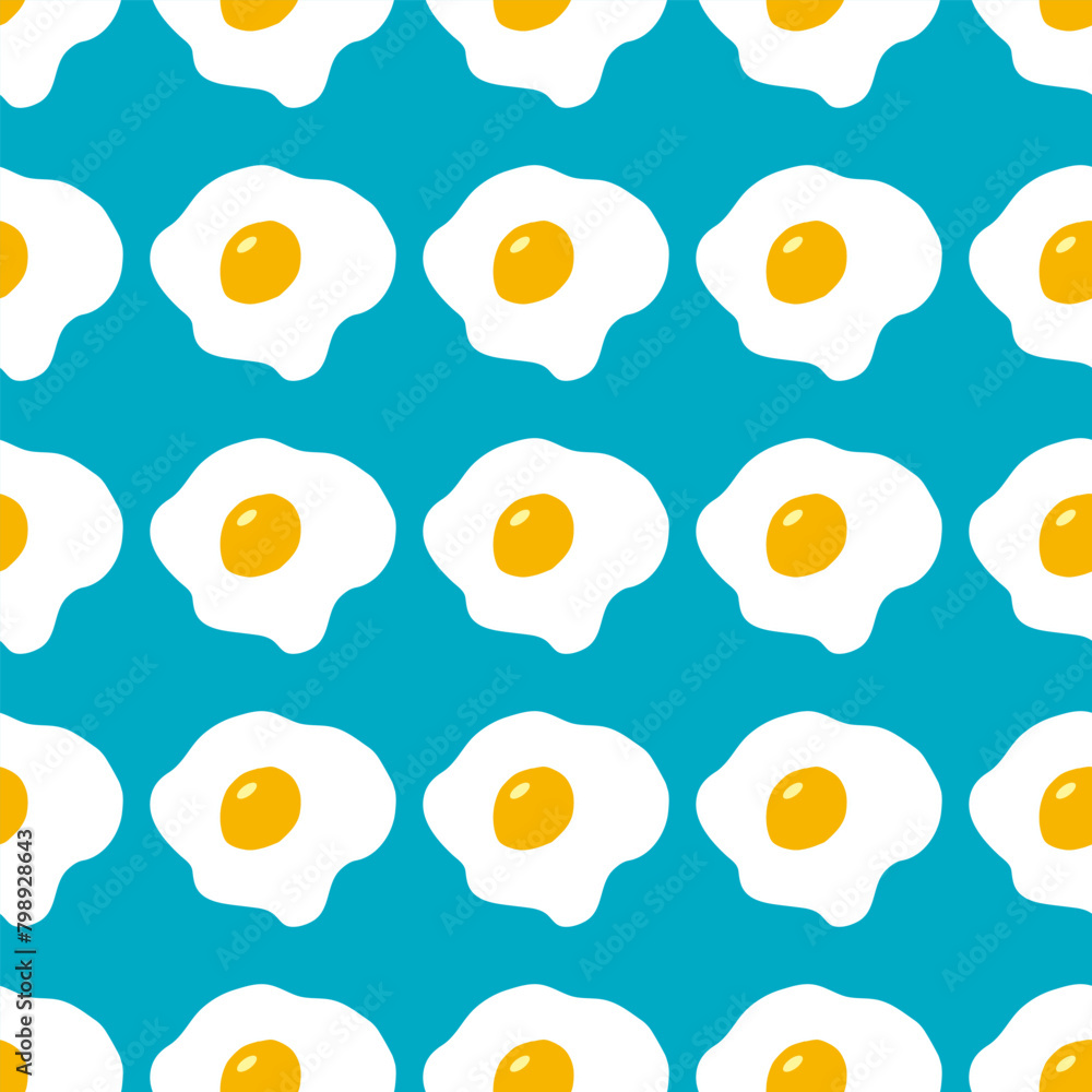 Seamless pattern with tasty fried egg on blue background. Vector image. Seamless pattern with tasty fried egg on blue background. Vector image.