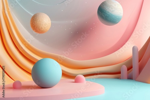 Pastel Planetary Display with Celestial Bodies and Waves
