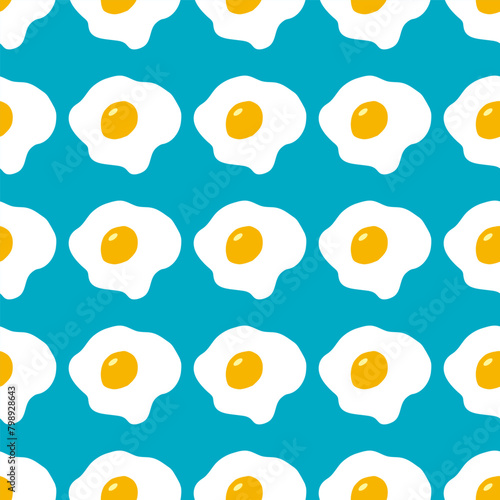 Seamless pattern with tasty fried egg on blue background. Vector image.