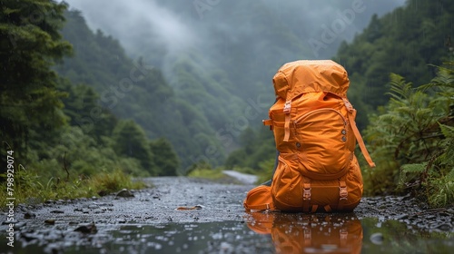 Orange backpack against the rain-drenched path, offering a pop of color and a call to explore under a shrouded mountain backdrop