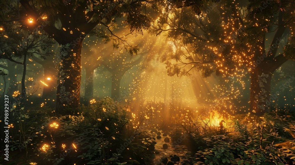 Fototapeta premium In a realm untouched by time, a picturesque forest is aglow with the soft light of a mystical bonfire.
