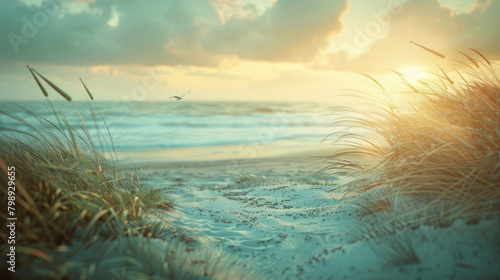 Grass on the beach near the sea. Sunset. photo