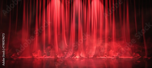 Red stage curtains with black background. Theatrical scene for presentation  show or award ceremony background. Stage with red velvet curtain and spotlight on dark backdrop.