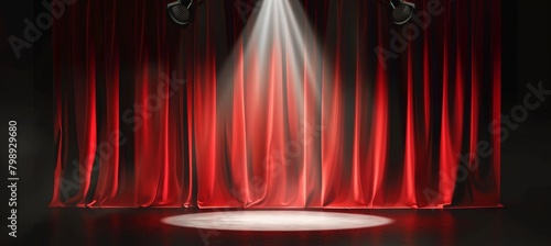 Red stage curtains with black background. Theatrical scene for presentation, show or award ceremony background. Stage with red velvet curtain and spotlight on dark backdrop.