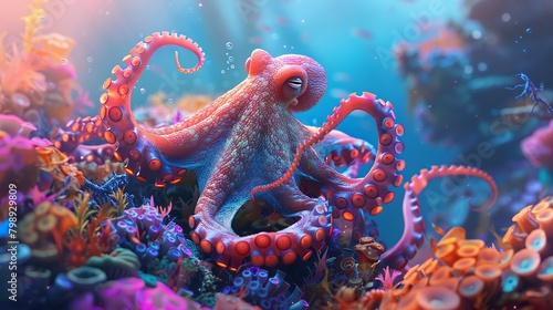 A cute octopus in a vibrant, colorful reef, using its tentacles to gently uncover hidden treasures and secrets, bathed in soft light