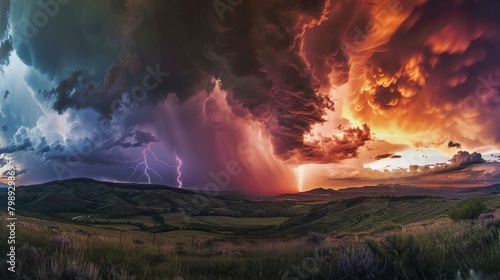 A dramatic transition from a bright  sunny day to dark storm clouds rolling in  with vivid lightning bolts striking the ground in a humid landscape