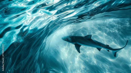 An abstract underwater shot capturing the graceful movement of a shark amidst swirling currents.