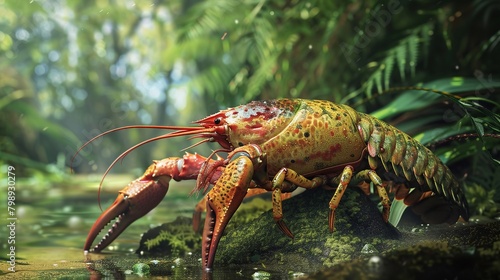 An artistic interpretation of a crawfish rendered in a style that shows it merging with the environment, illustrating the interconnectedness of nature and climate