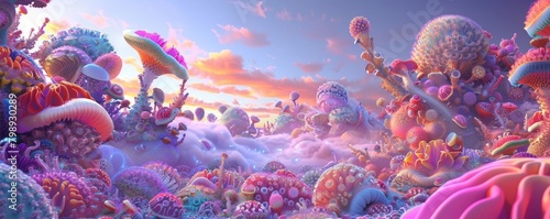 A backdrop resembling a childrens drawing of a fantastical world, filled with impossible shapes and vibrant colors  photo