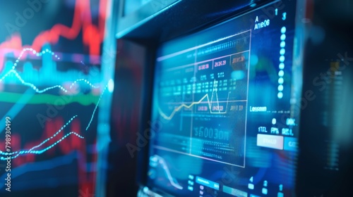 An ATM screen displaying a transaction receipt with a background of financial growth graphs. photo