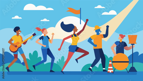 In the background a band plays uplifting music adding to the celebratory atmosphere and fueling the runners towards the finish line of freedom.. Vector illustration