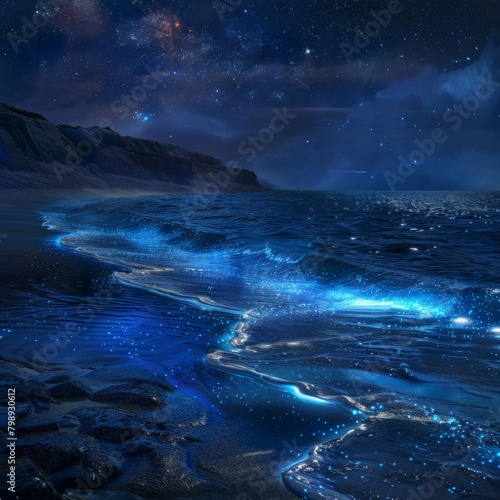 A bioluminescent bay at night  with the water glowing an ethereal blue as waves lap against the shore under a starry sky 