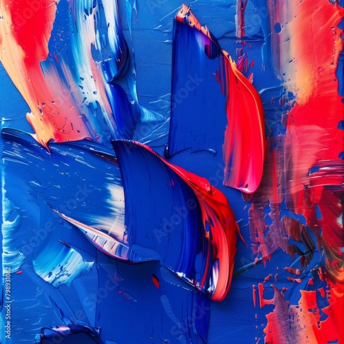 A captivating abstract artwork with a textured canvas, featuring bold strokes of cobalt blue and cadmium red that seem to pulsate with energy  