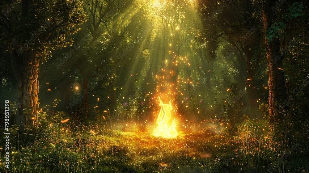 In a realm untouched by time, a picturesque forest is aglow with the soft light of a mystical bonfire. In a realm untouched by time, a picturesque forest is aglow with the soft light of a mystical bonfire.