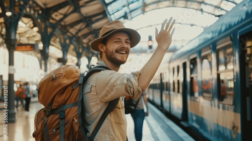 At a busy train station, a man with a backpack waves, starting his travel adventure with a smile. Guy waving to a friend
