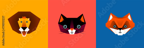 Set of vector illustrations, animals, lion, cat, fox, faces, vibrant colors, graphic design, wall art, kids room, clip art