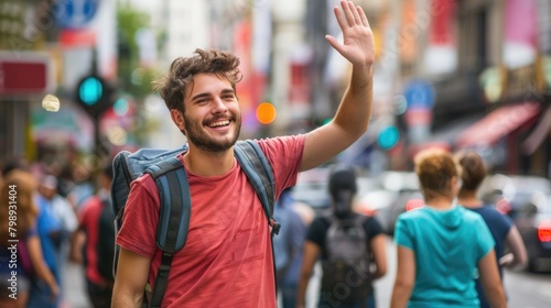 Vibrant urban scene with a young man excitedly waving to a friend, city backdrop bustling with life. Guy waving to a friend