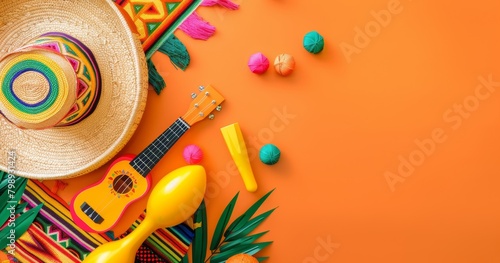 Vibrant orange background with Mexican maracas, sombrero hat and paper cutout flags for fiesta party banner template. Background mockup design element. Cinco de Mayo celebrations.