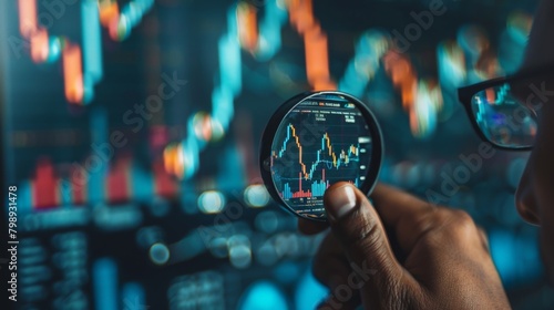 An investor analyzing the stock market with a magnifying glass focused on intricate business graphs.