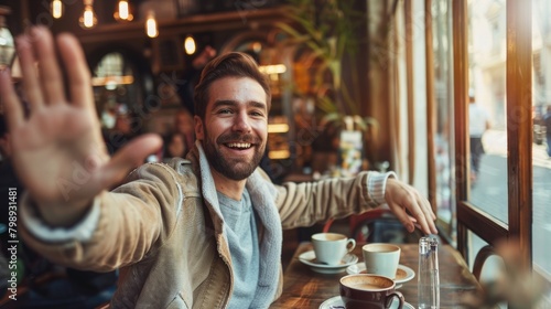 Friendly wave in a coffee shop, cheerful ambiance with coffee aromas and conversational buzz. Guy waving to a friend photo