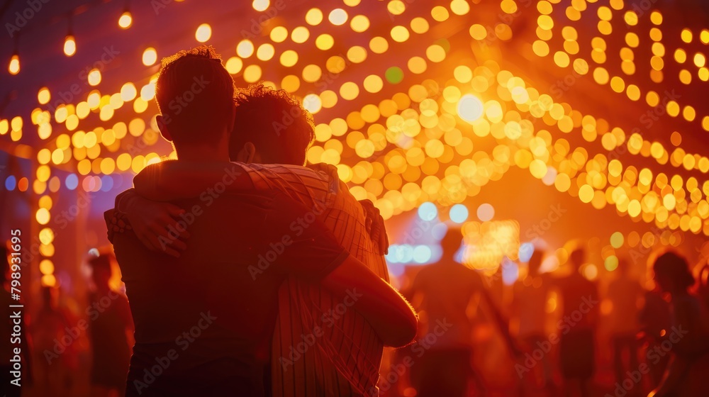 Amidst vibrant festival lights, a man embodies youth and joy greeting a friend outdoors. Guy waving to a friend