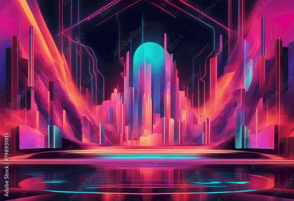 Futuristic cityscape bathed in vibrant neon colors, portraying a dynamic and surreal urban environment with glowing lights and towering structures, Generative AI.