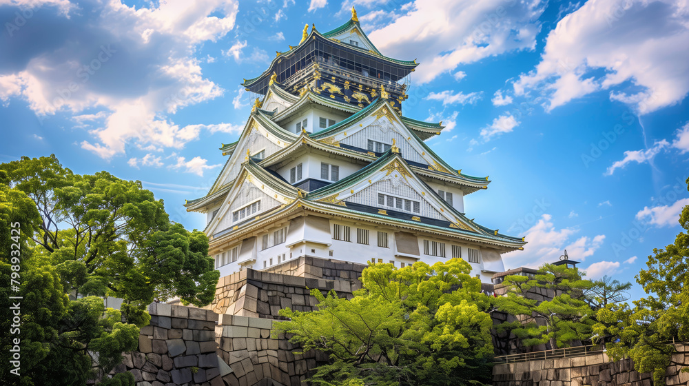 Osaka Castle rises with elegance against a backdrop of dramatic clouds, illustrating Japanese history Osaka Castle rises with elegance against a backdrop of dramatic clouds, illustrating Japanese history