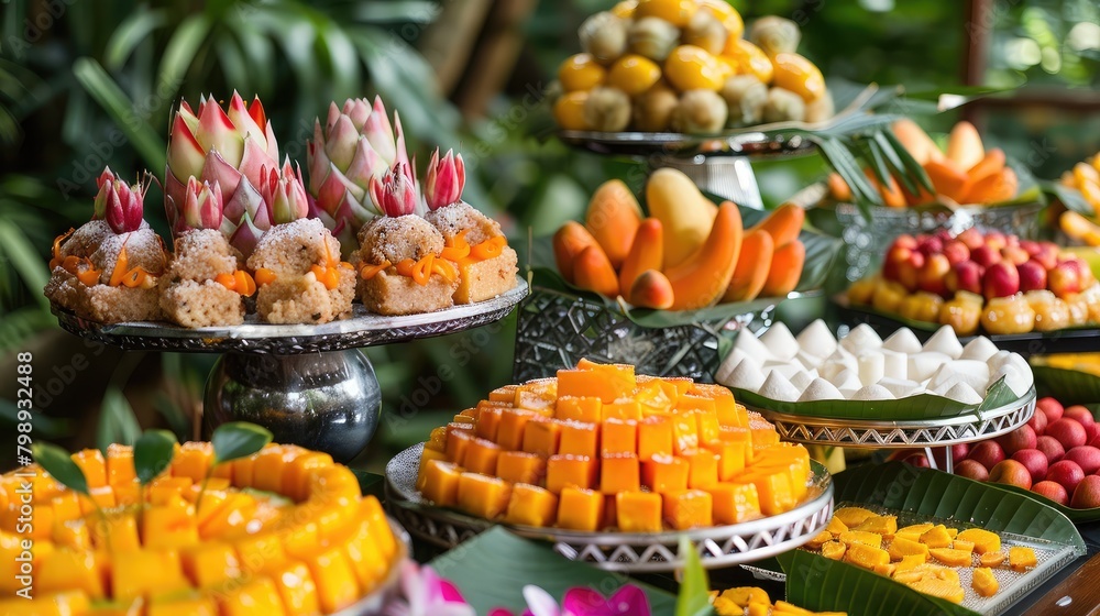 tropical-inspired dessert table featuring an assortment of sweets, with mango sticky rice as the centerpiece, adding a touch of exotic flair to the spread.