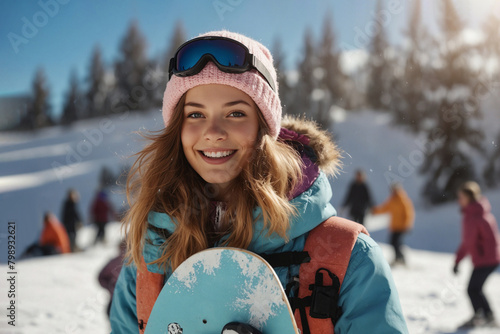 A beautiful girl is snowboarding at a ski resort.Smiling.Portrait.