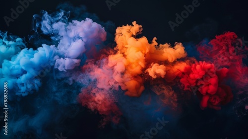 Brightly colored smoke grenades emitting vibrant plumes against a dark background, adding drama and intensity. photo